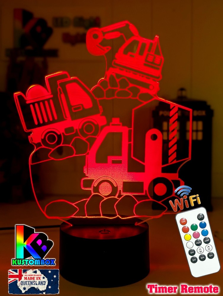 EXCAVATOR CONSTRUCTION TRUCK QUARRY 3D LED NIGHT LIGHT LAMP + REMOTE CONTROL