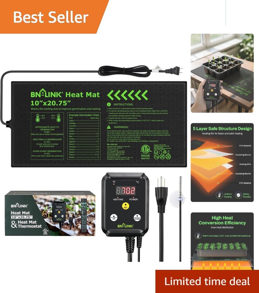 Listed Seedling Heat Mat with Thermostat Controller - 10"x20.75" Indoor Growing