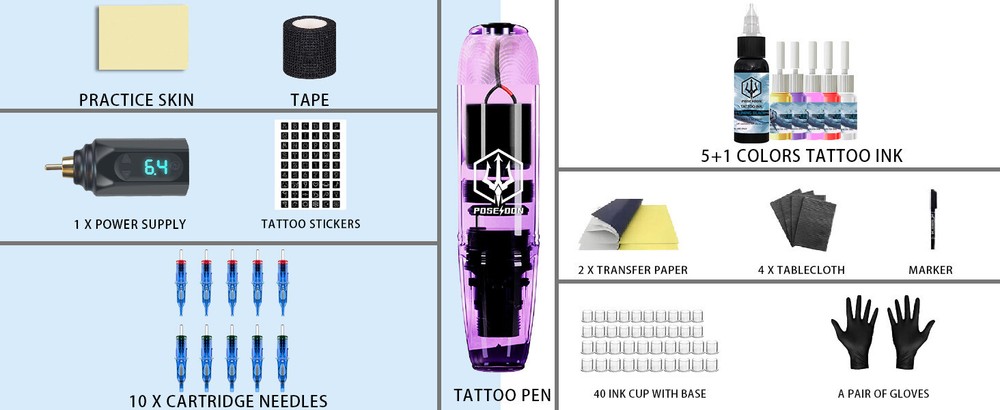 POSEIDON Wireless Tattoo Kit TK039, Complete Kit! For Beginners