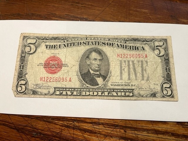 1928-E 5 Dollar USN Red Seal Circ. #11444