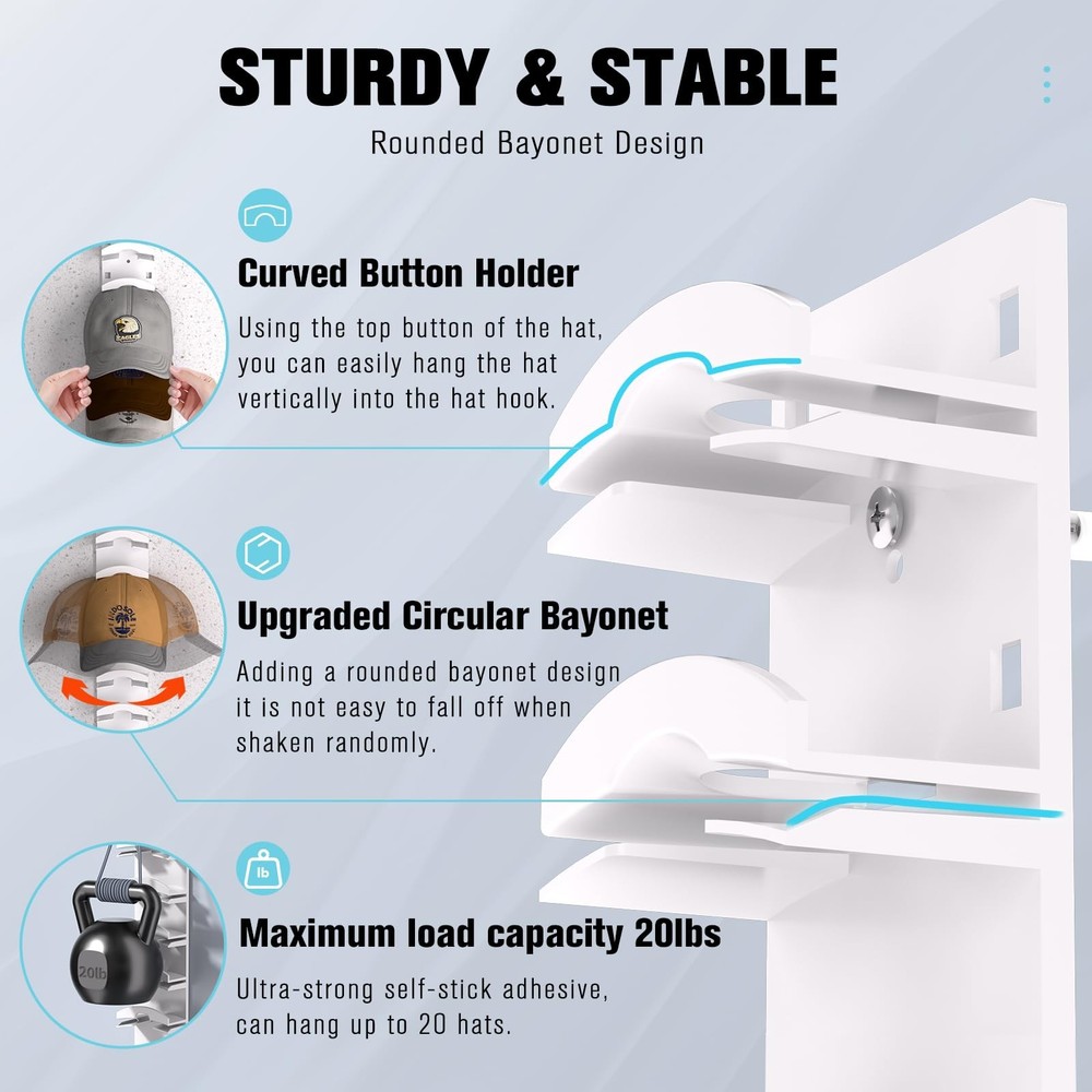 Hat Organizer for Baseball Caps, Hat Rack for Wall with Strong Adhesive Hold