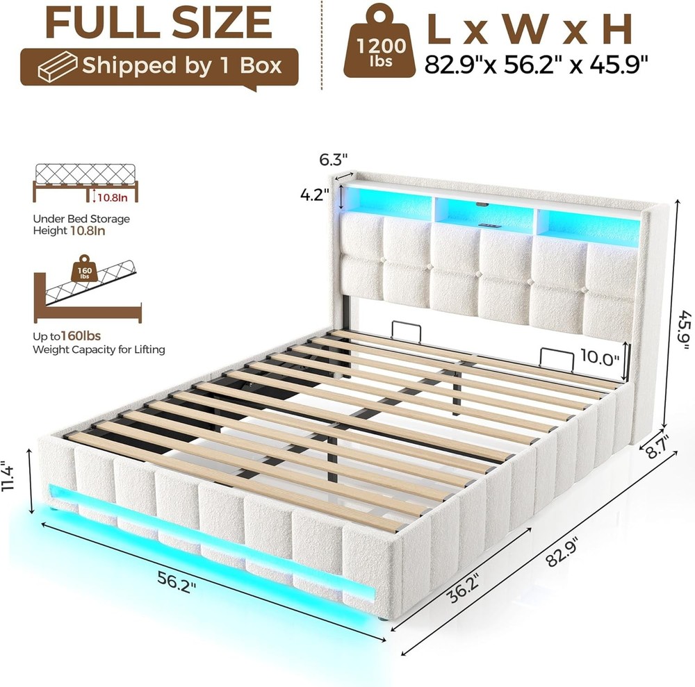 Full Size Lift Up Storage Bed Frame Charging LED Lights