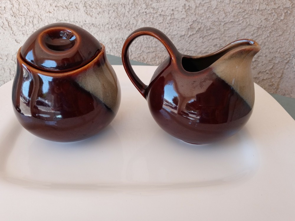 1970 Sango Pottery Nova Brown Stoneware Cream/sugar Set w Lid Replacement Disc.
