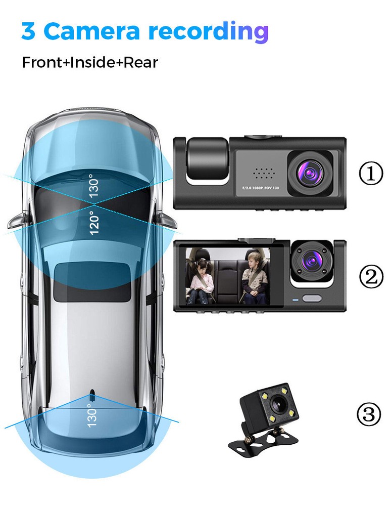 2in HD Dash Cam Car DVR Video Recorder Front Rear Inside Camera Loop Recording