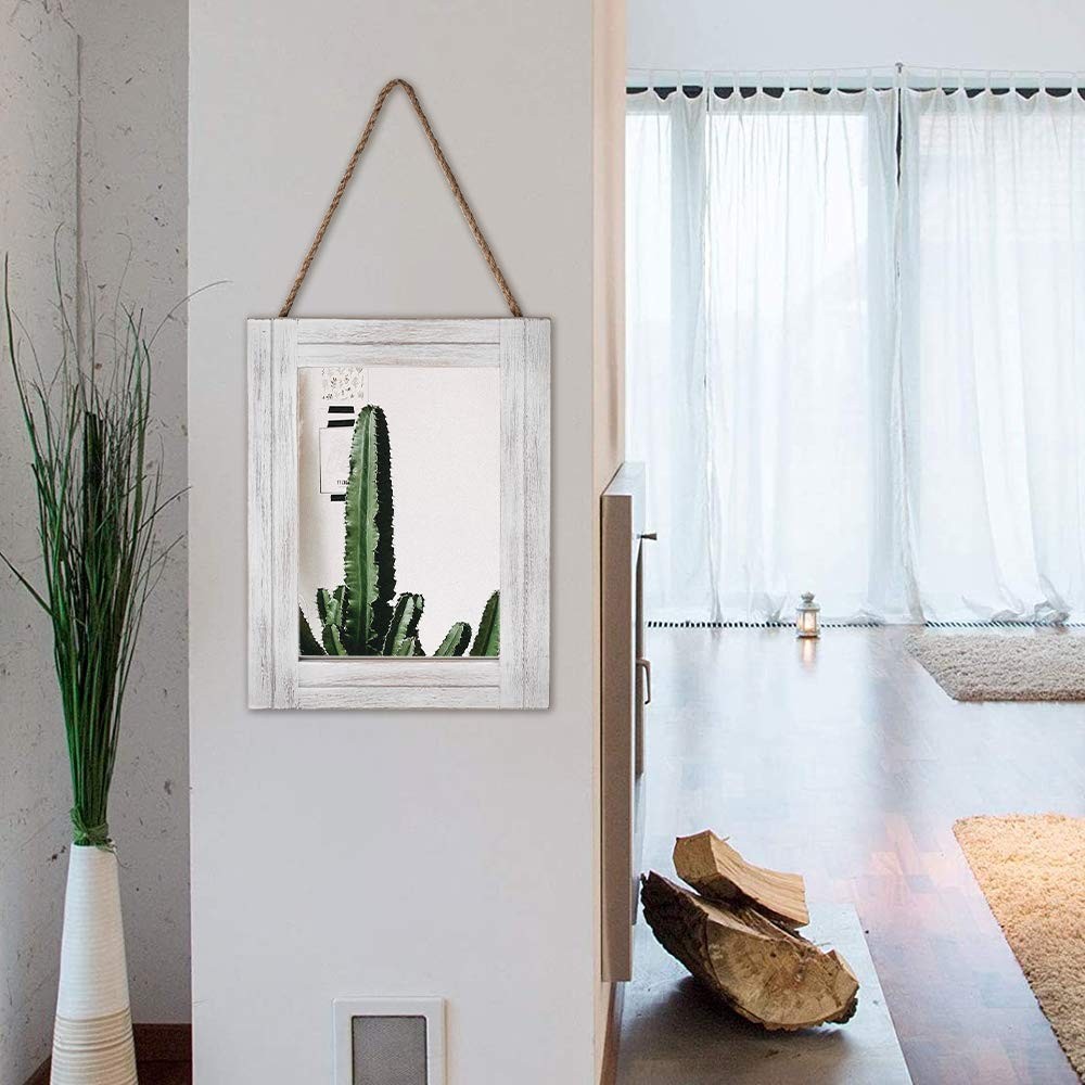 Rectangle Wall Mirror for Bathroom, Distressed White Wood Decor with Hanging ...