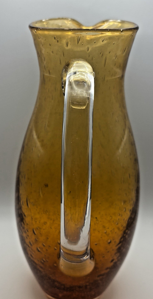 Hand blown Bubble Glass Pitcher Amber/Gold Clear Handle