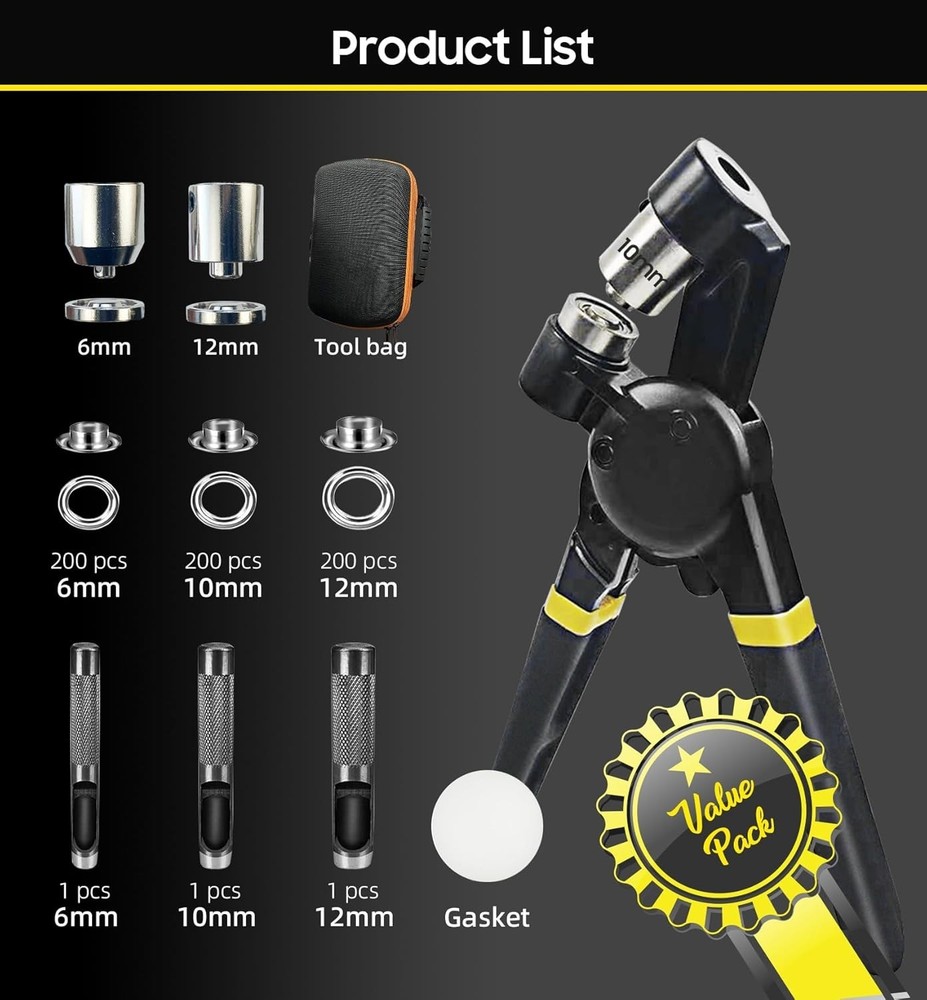 Grommet Tool Kit - 608 Pcs with Heavy Duty Eyelet Maker for Multi-Sized Projects
