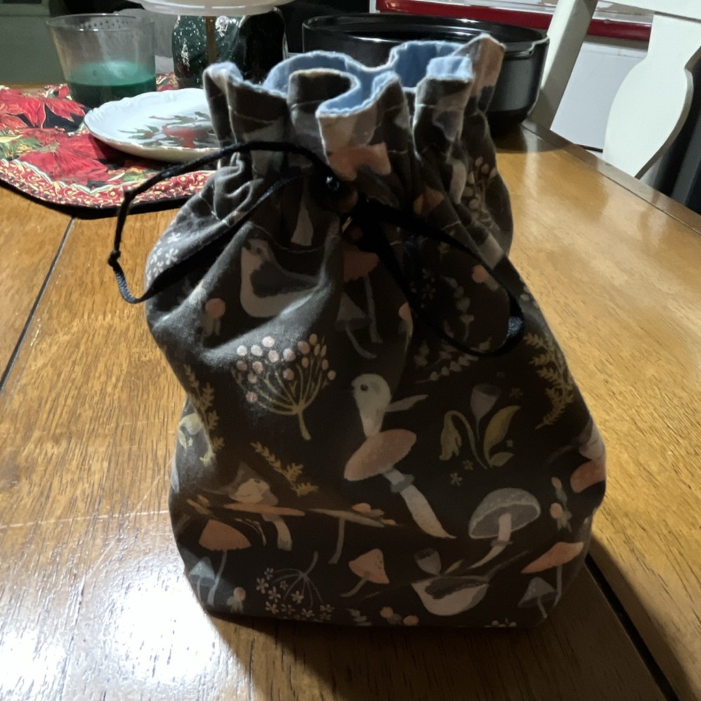 Bird and Mushroom Print Storage Bag with Drawstring