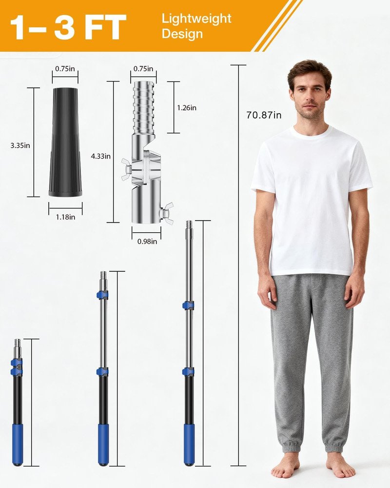 Telescoping Pole, 1.4-3 Ft with Joint Angle & Squeegee Adaptor, Aluminum Telesco