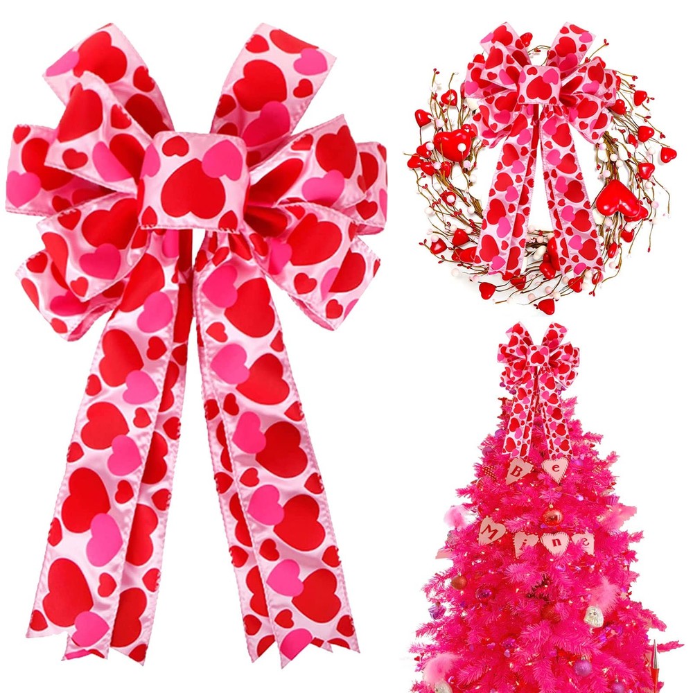 Tree Topper Bow with Heart Decorations, 11.4”x19.6” Large Decorative Bows