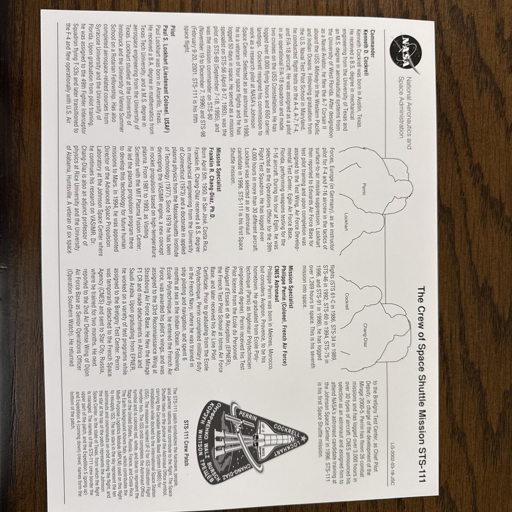 NASA Space Shuttle STS-111 Crew Lithograph (8x10)