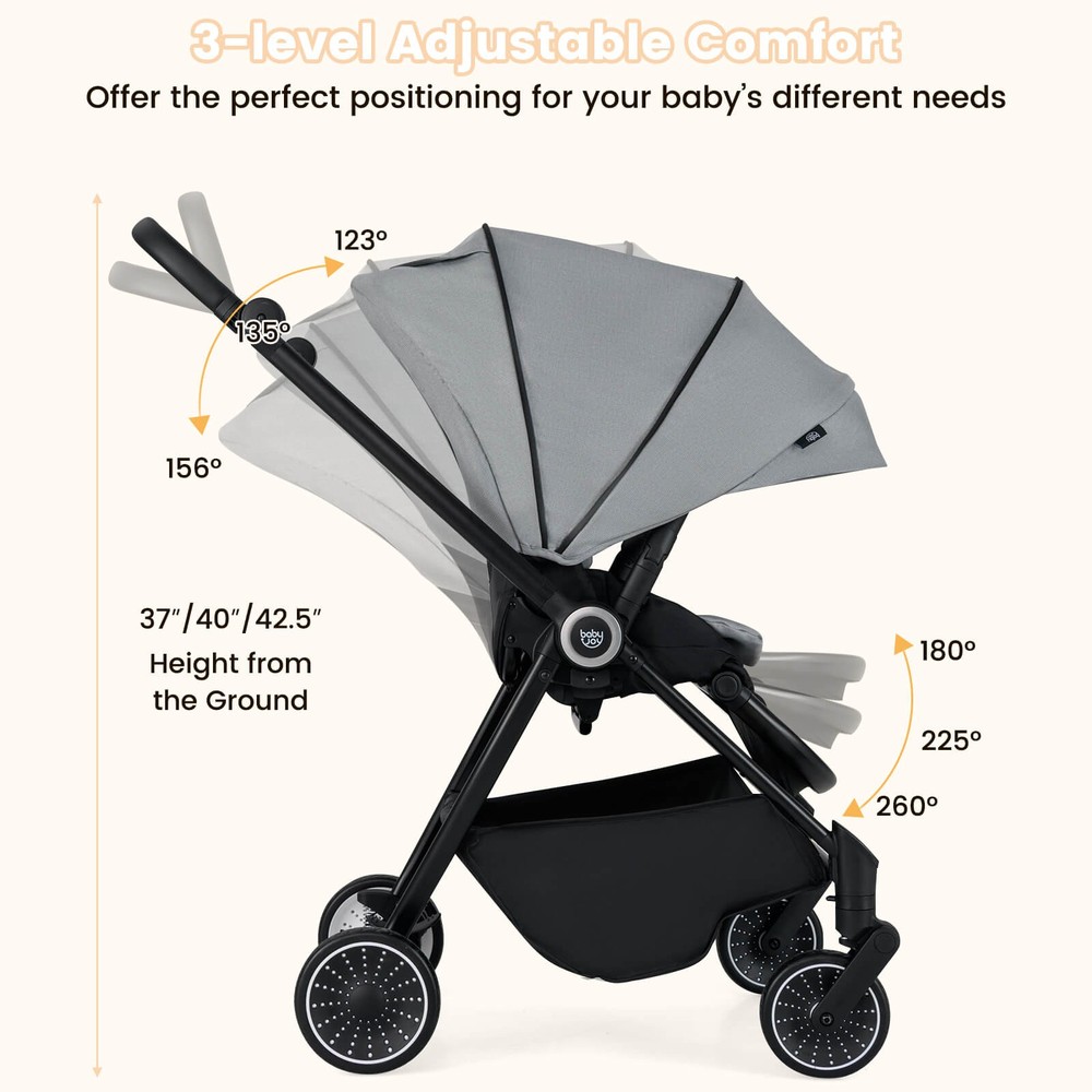 Baby Stroller Foldable Infant Pram Stroller w/ Reclining Backrest Handle