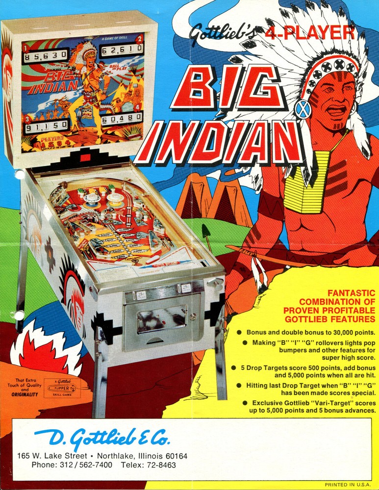 Big Indian Gottlieb Pinball Flyer / Brochure / Ad