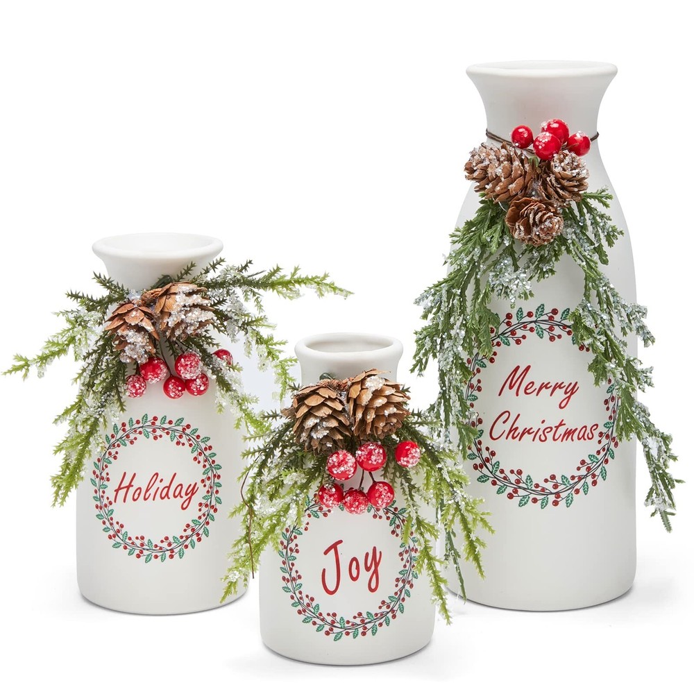 Artificial Christmas 3-Piece Set Flocked with Mixed Xmas Decorations Ceramic ...