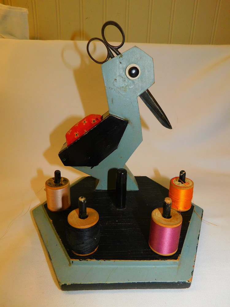 Vintage Handmade Wooden BIRD SEWING CADDY Pin Cushion Thread Spools Scissors