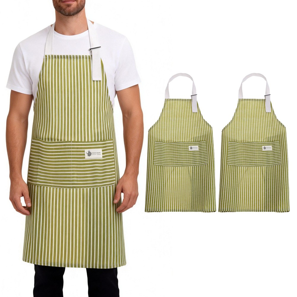 2Pcs Kitchen Cooking Aprons, Striped Neck Strap Apron with Pocket, Green