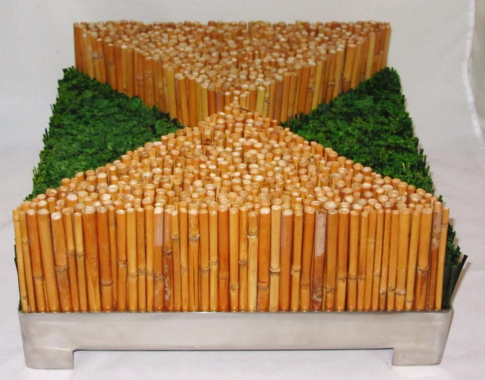 Contemporary Art Bamboo & Artificial Grass Decorative Square Centerpiece, 16"
