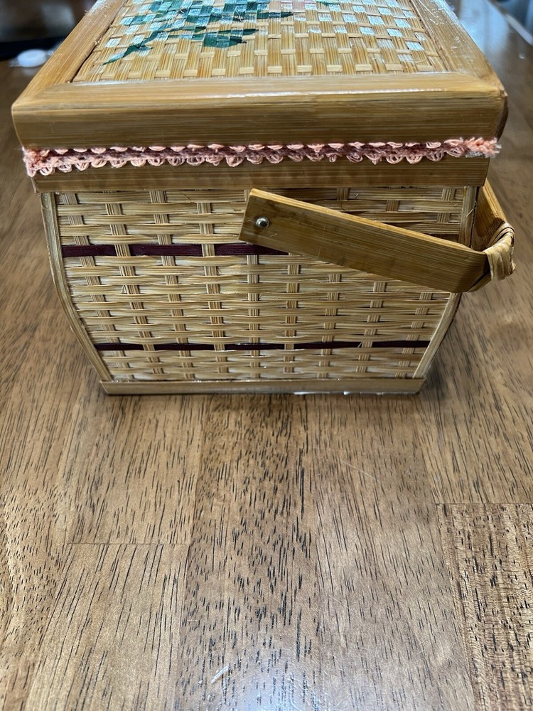 Vintage Wicker Tan Sewing Basket with Handle Painted Lid Lined