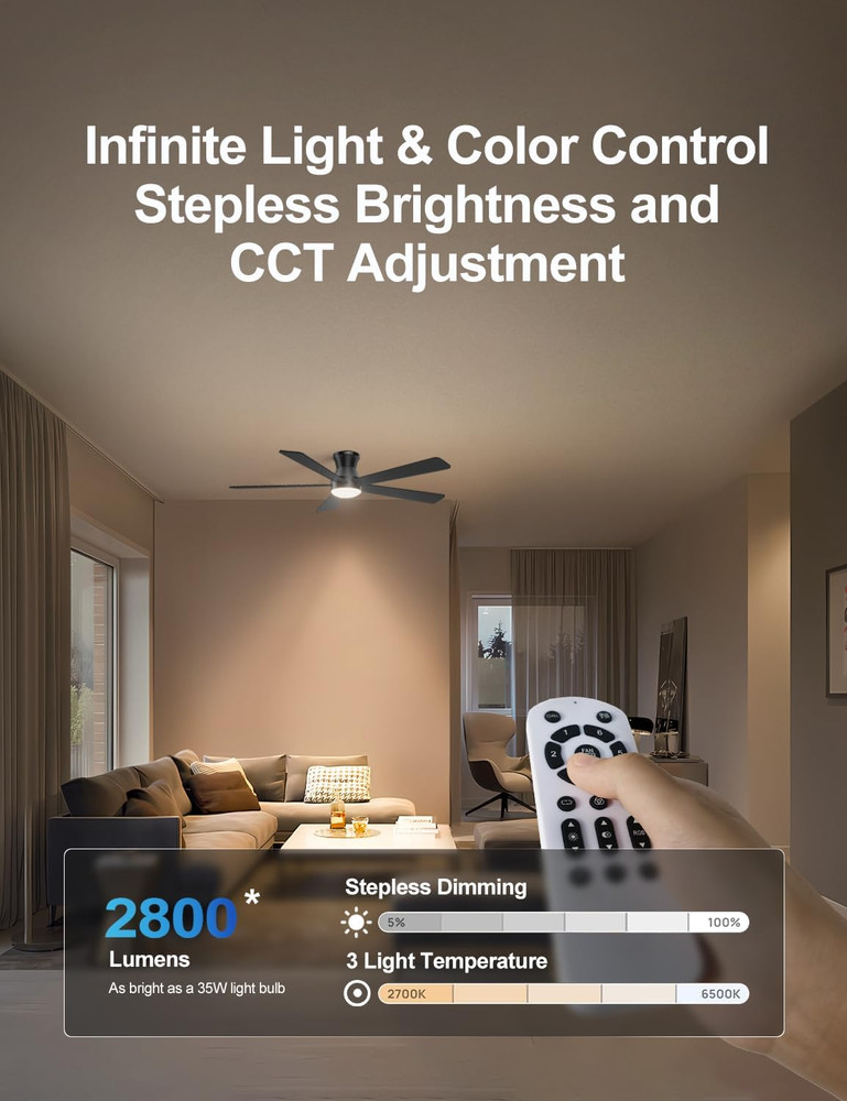 52" Modern Ceiling Fan with RGB Lights, Remote & App Control, 6 Speeds