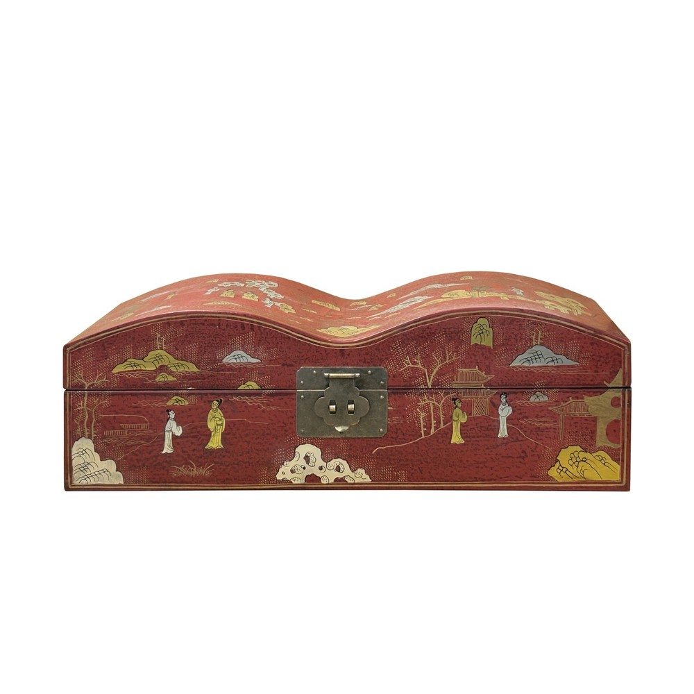 Red Lacquer Chinoiserie-style Gold Silver Scenery Graphic Rectangular Box GB230