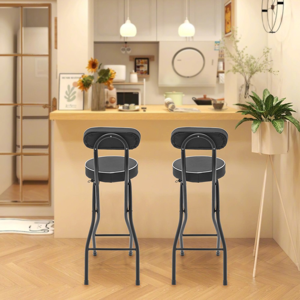 2PCS Bar Stool Portable Folding Stool Padded Folding High Chairs Black