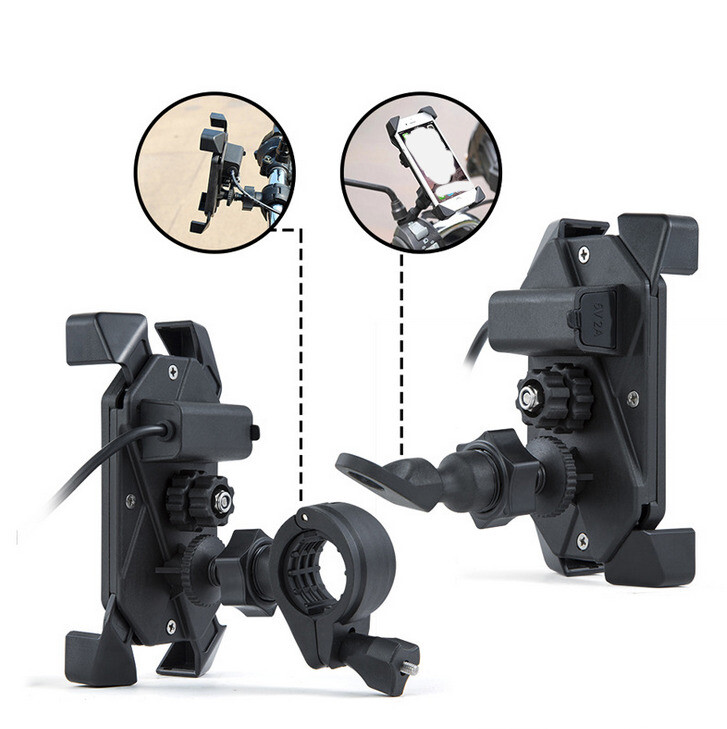 Motorcycle Handlebar Mirror Base Install GPS Cell Phone Holder USB Charger Mount