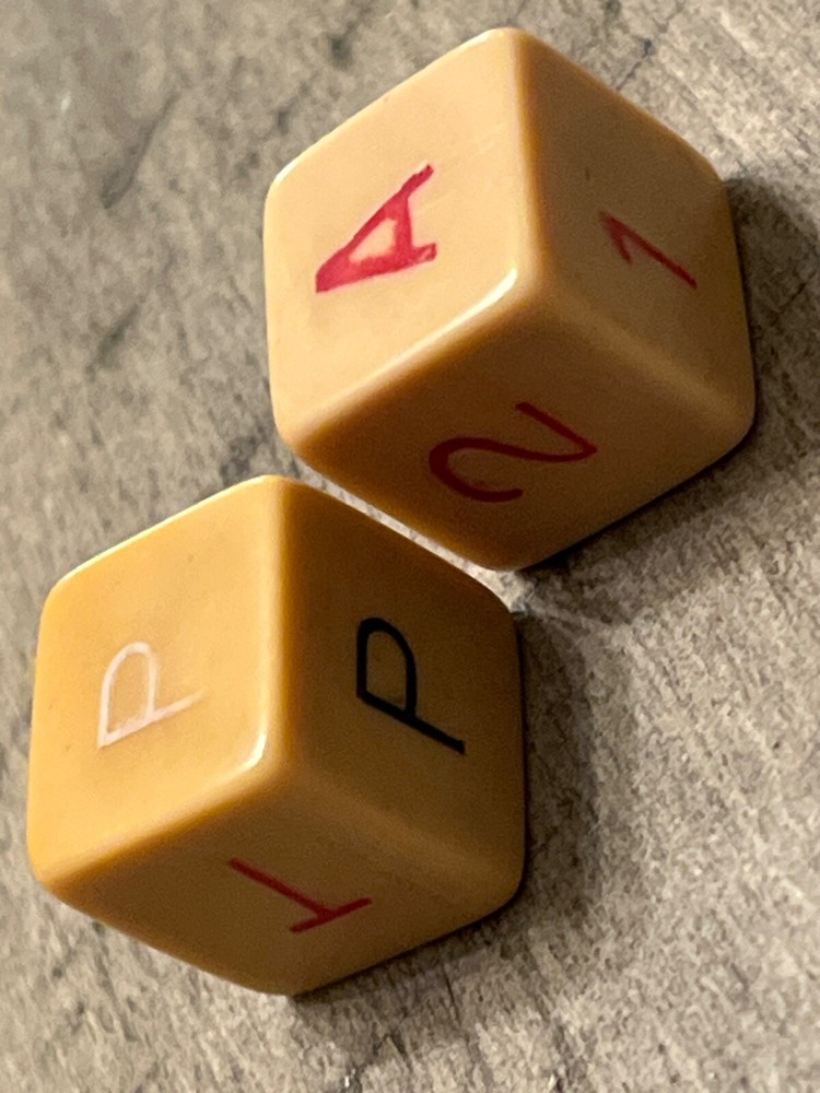 RARE early 1900s celluloid put & take dice pair 040125@
