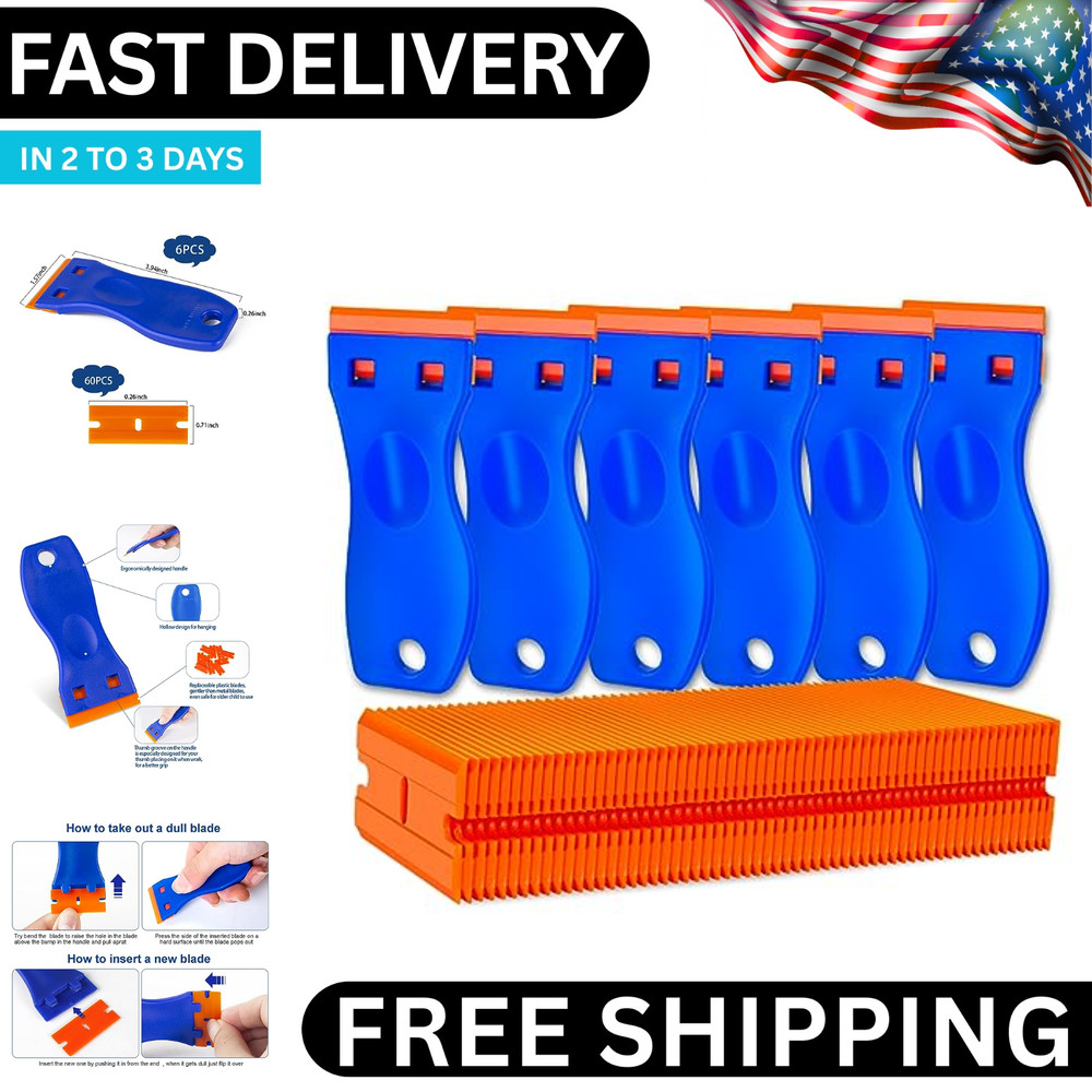 Plastic Razor Blade Scraper Tool, 6 Pcs Razor Scraper with 60 Pcs Plastic Blades