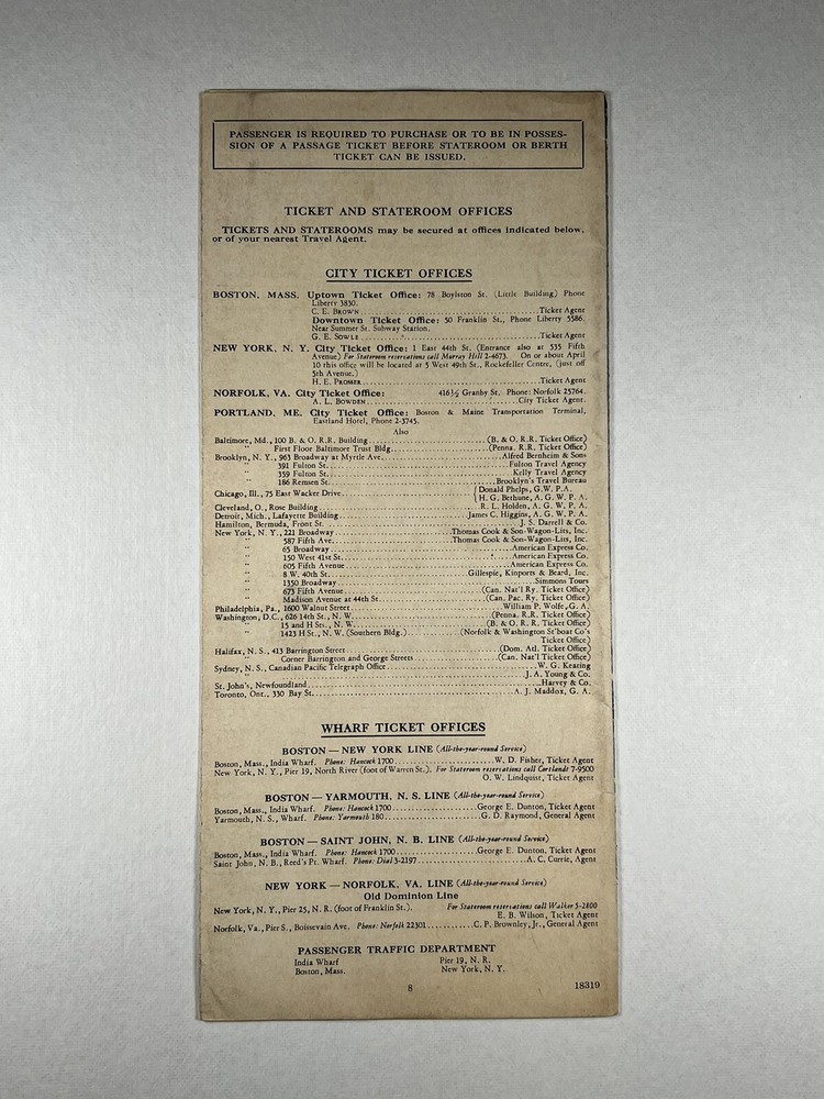 1939 Schedules and Rates Brochure - Eastern Steamship Lines
