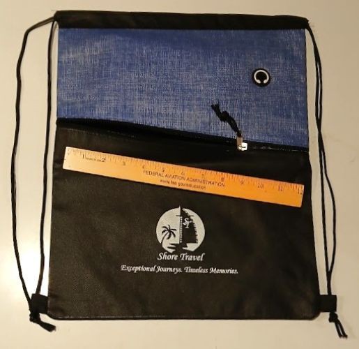 Lightweight, Zippered, Drawstring-style Backpack with the “Shore Travel" logo