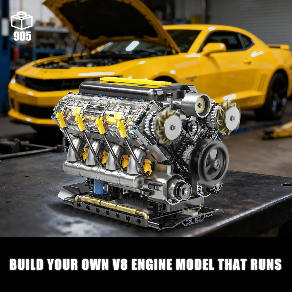 V8 Engine Model Kit That Runs, Visible Mini Car Motor Building Blocks Set for Ad