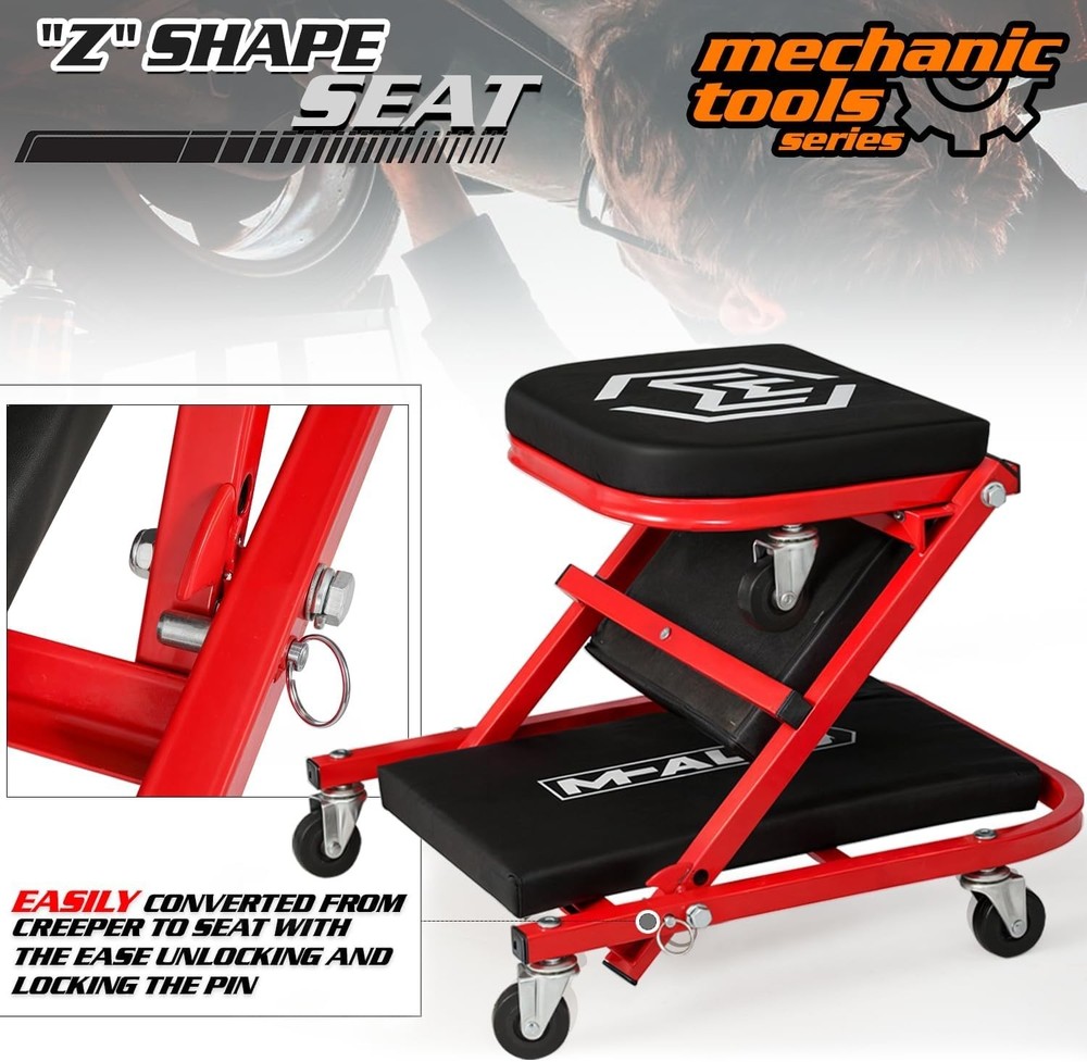 40-Inch Folding Creeper Rolling Seat, All-in-One Adjustable Roller Garage Cha...