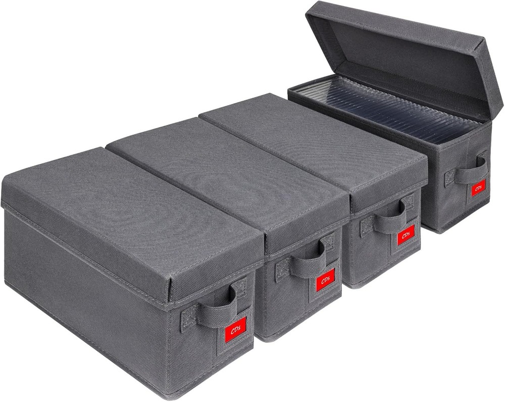 4 PCS Grey CD Storage Box Case Holder Stackable Lid 14.37x5.5x6.3 Inch