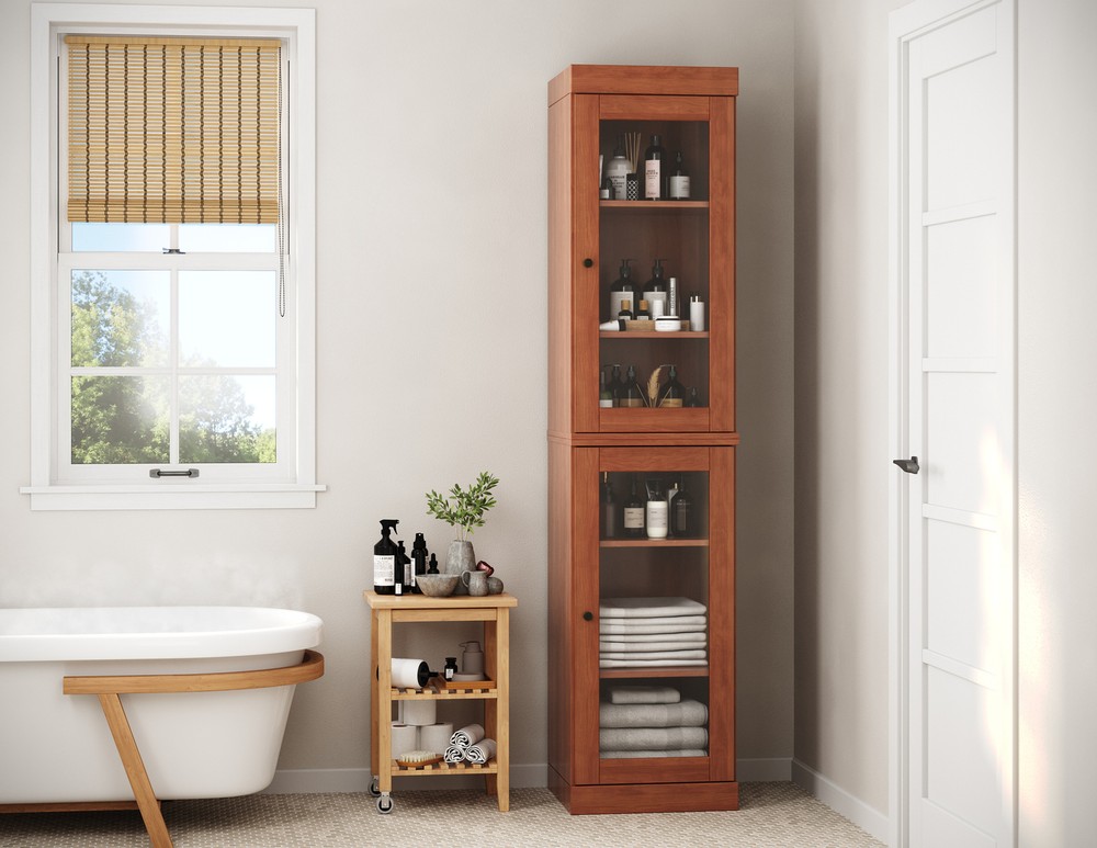 100% Solid Wood 16.5" Bathroom Cabinet, Glass Doors