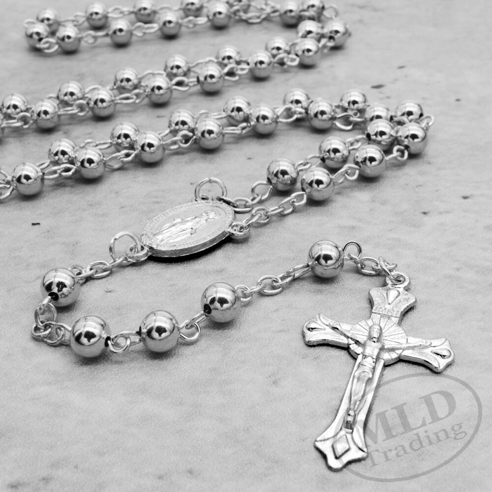 Silver Tone Metal Catholic Rosary Necklace 6mm Round Prayer Beads Virgin Mary
