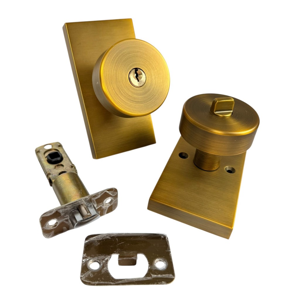 Front Door Door Lock w/ Key & 4 Matching Dummy Interior Door Knobs Antique Brass