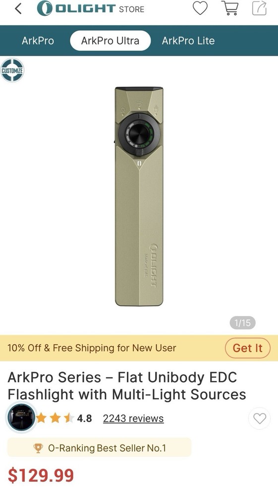 Olight ArkPro Ultra Flat Unibody LED Flashlight Multi-Light Sources Olive Green