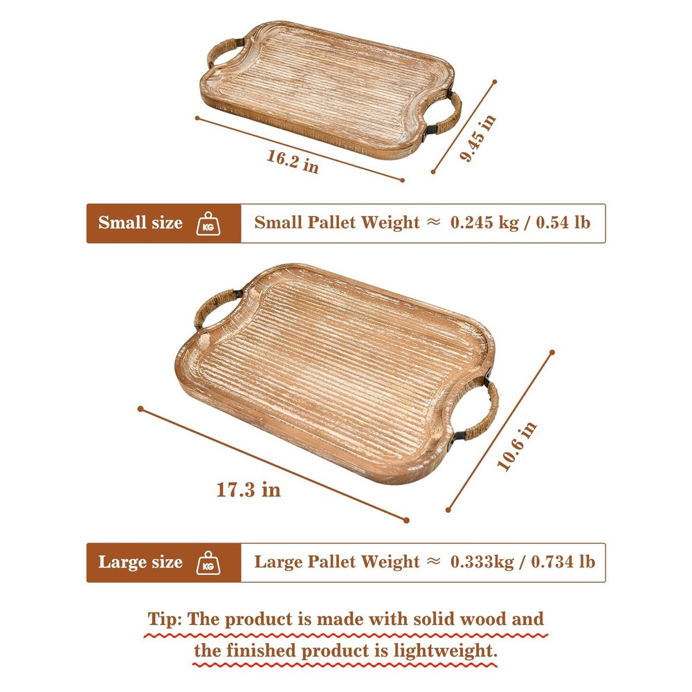 Rustic Wood Serving Tray Set w/ Metal Twine Handles - 2 Stackable Rectangular Tr