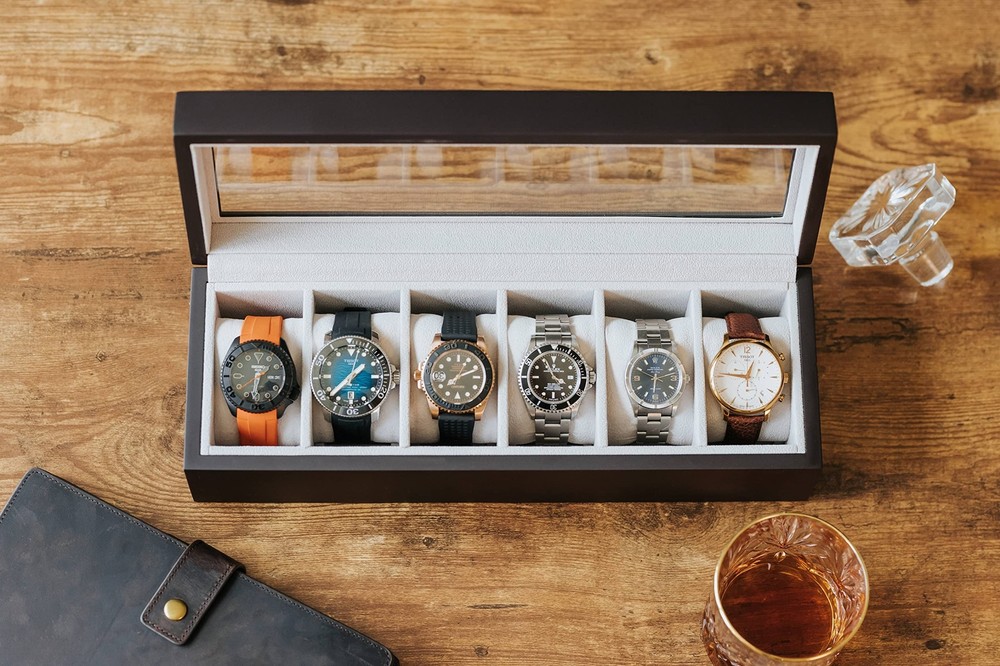 Solid Espresso Wood Watch Box Organizer with Glass Display Top