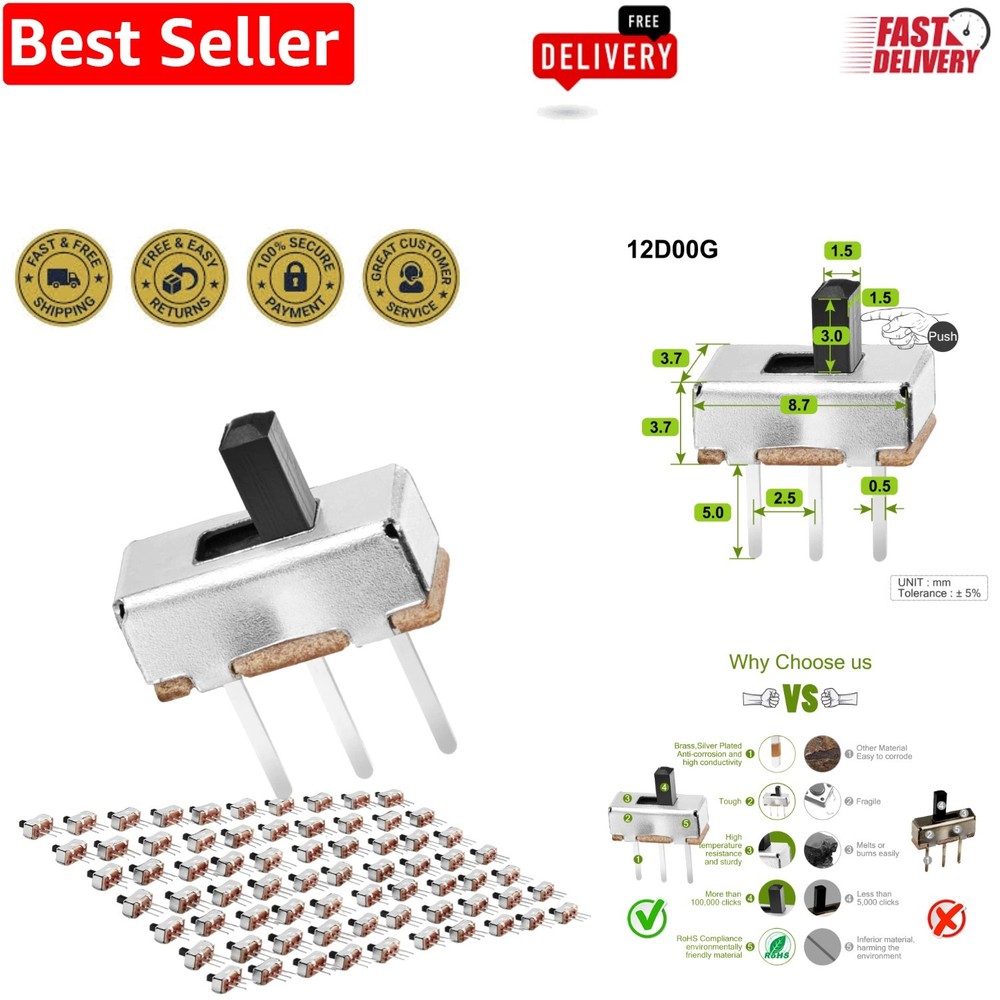 Reliable 3mm SPDT Mini Slide Switch - 70 Pack for PCB & Breadboard Applications