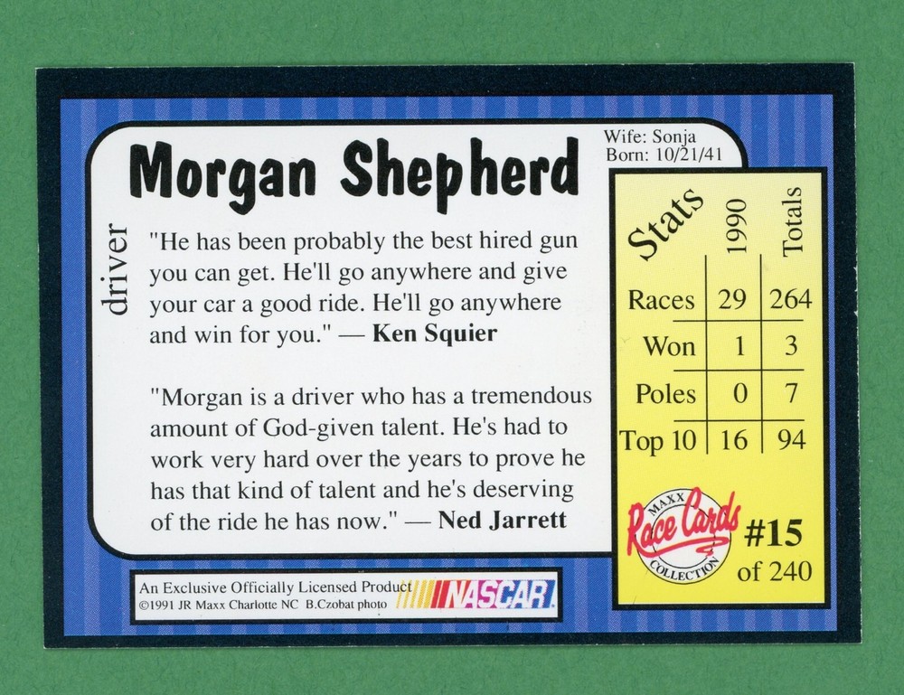 Morgan Shepherd NASCAR Driver Signed '91 MAXX Trading Card E25411