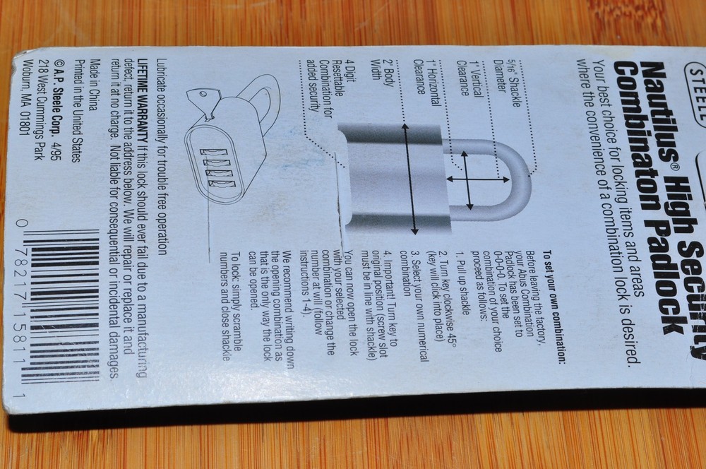 Steele Lock Nautilus Maximum Security Combination Brass 2" Padlock BRASS SHACKLE