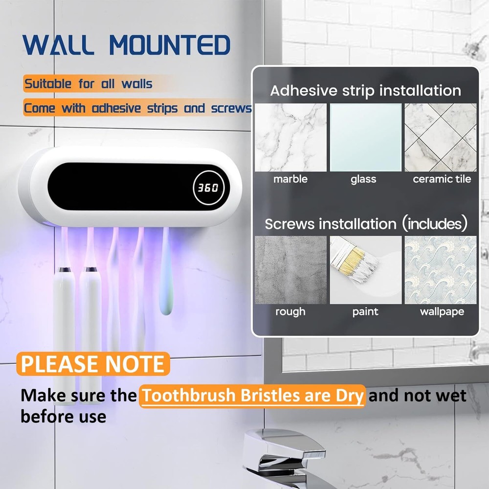 Wall Mounted Toothbrush Holder with Timer Function Cordless for 5 Toothbrushes