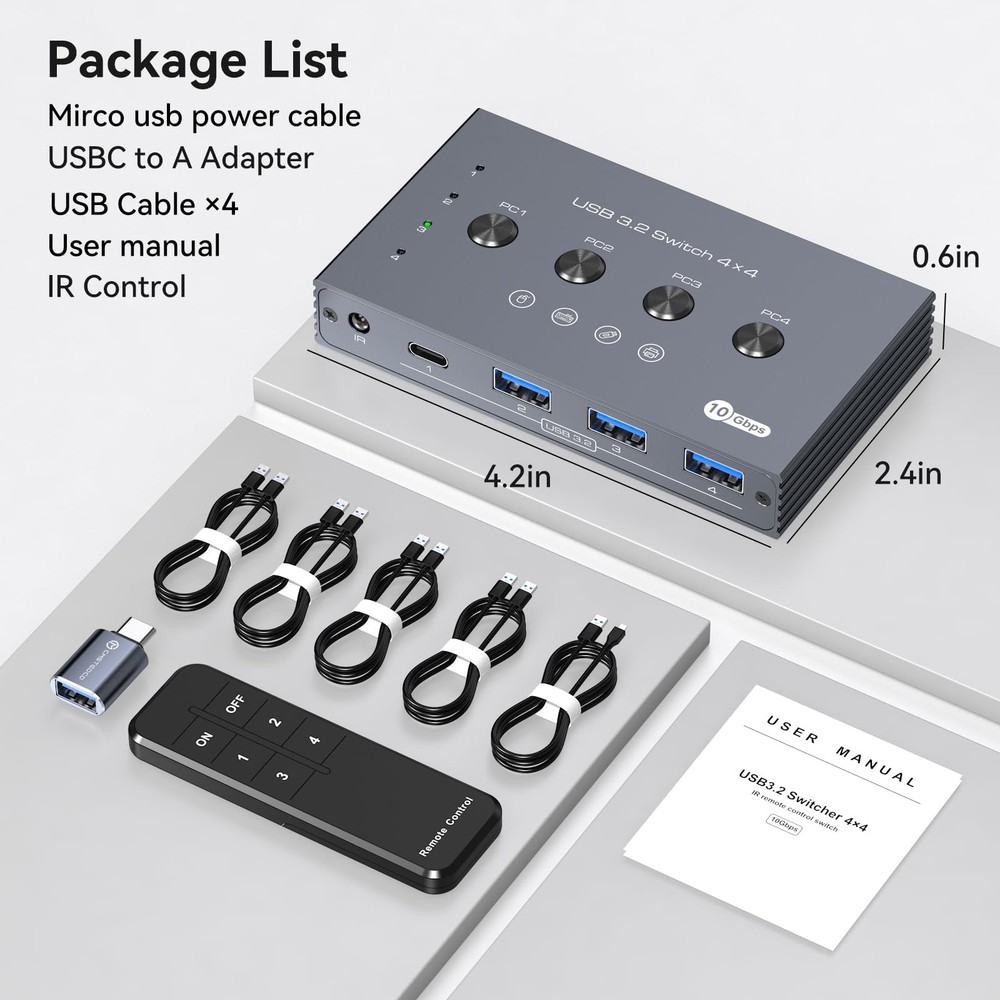10Gbps USB 3.2 Switch 4 Computers Share 4 Peripherals 4 Port USB Switcher for...