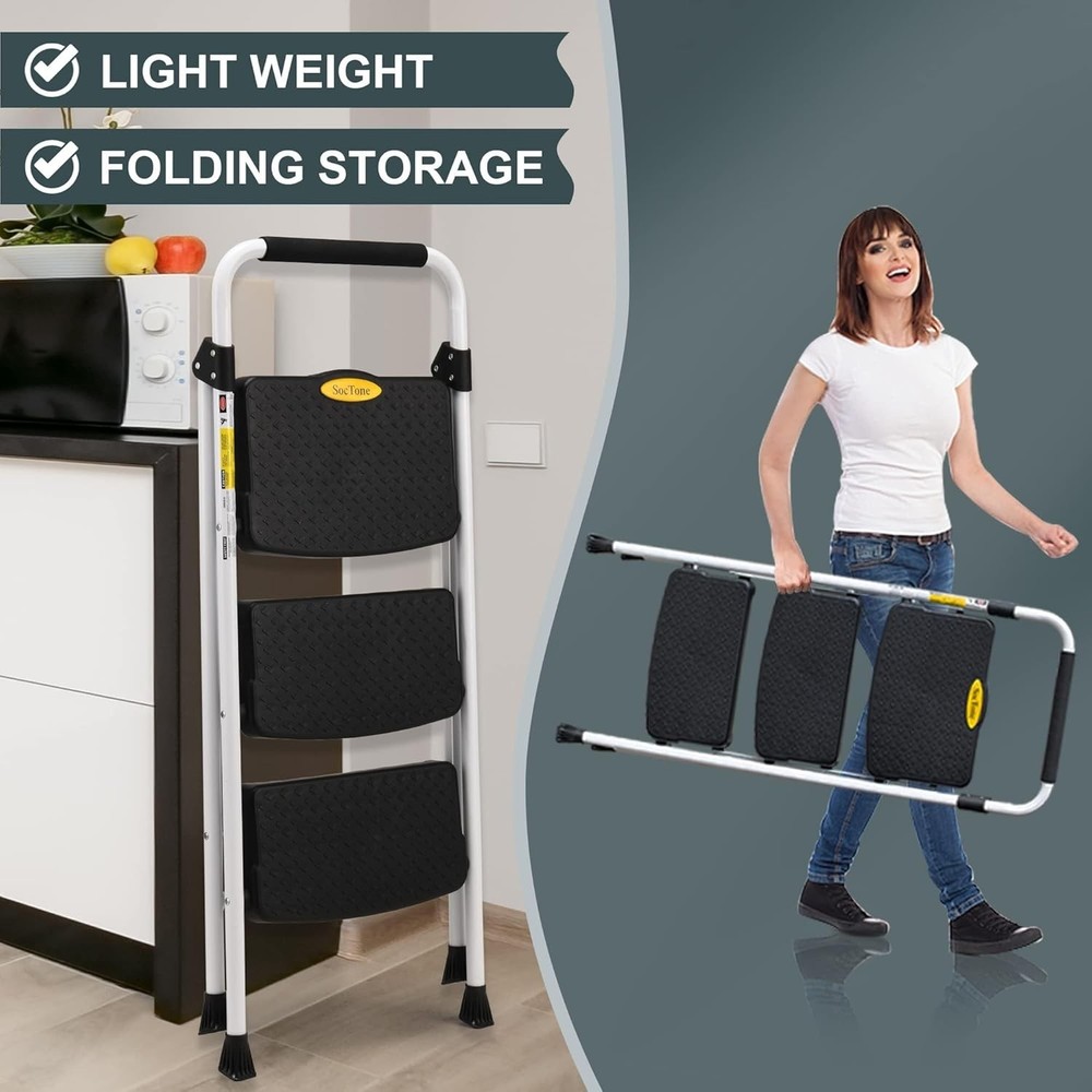 Compact 3-Step Ladder with Safety Features – 500lbs Load, Perfect for Kitchen