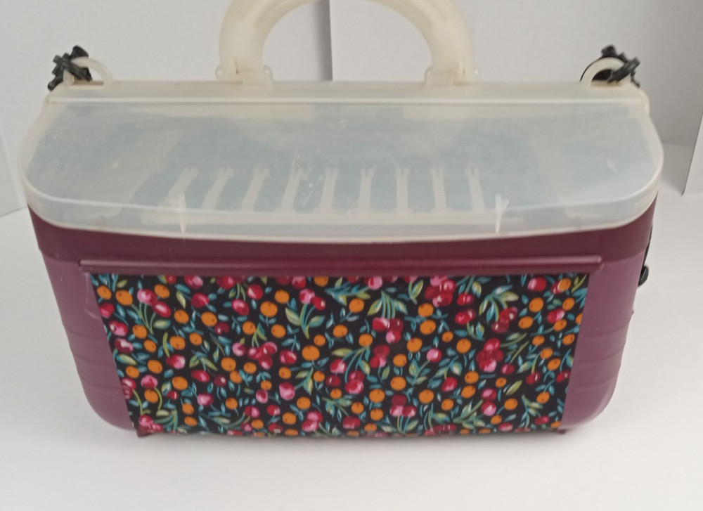 Vintage Large Plastic Sewing Craft Organizer Carry Case Floral Panel Strap