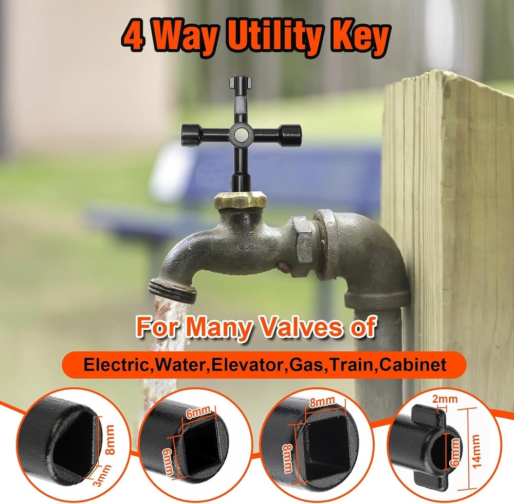 Eapele Water Meter Key 16 inch Enforced Steel T-Handle With 4-way Multi-Function