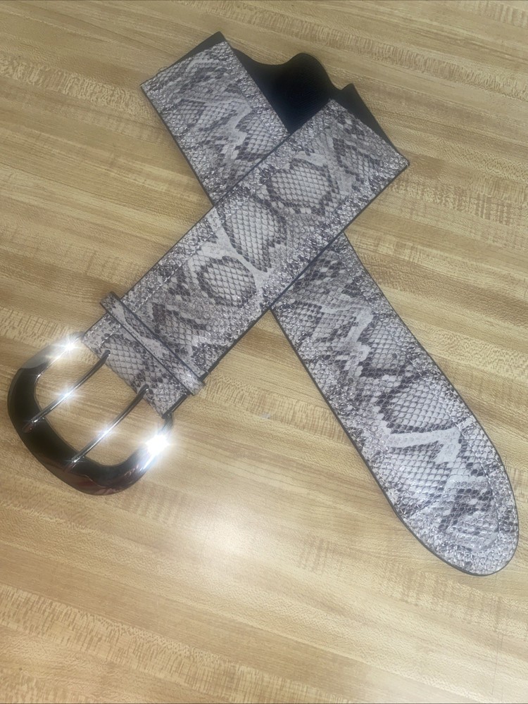 Python Snake Skin Leather Belt Stretch Back 3” Wide Silver Tone Double Buckle M