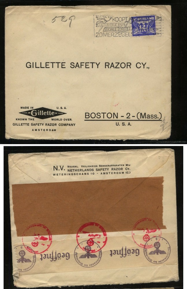 Netherlands  large  censor cover  to  Boston          MS0511