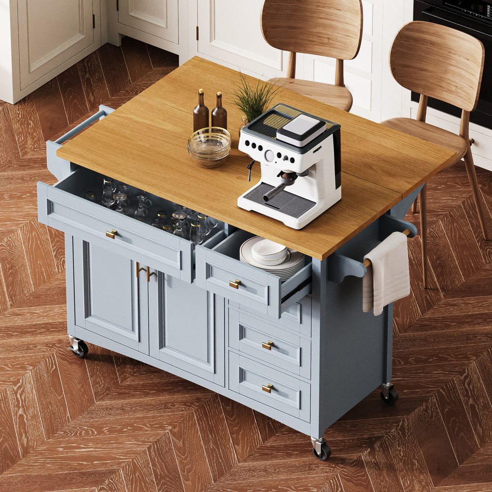 K&K 52'' Kitchen Island with Drop Leaf, Embossed Texture Kitchen Island on Whe